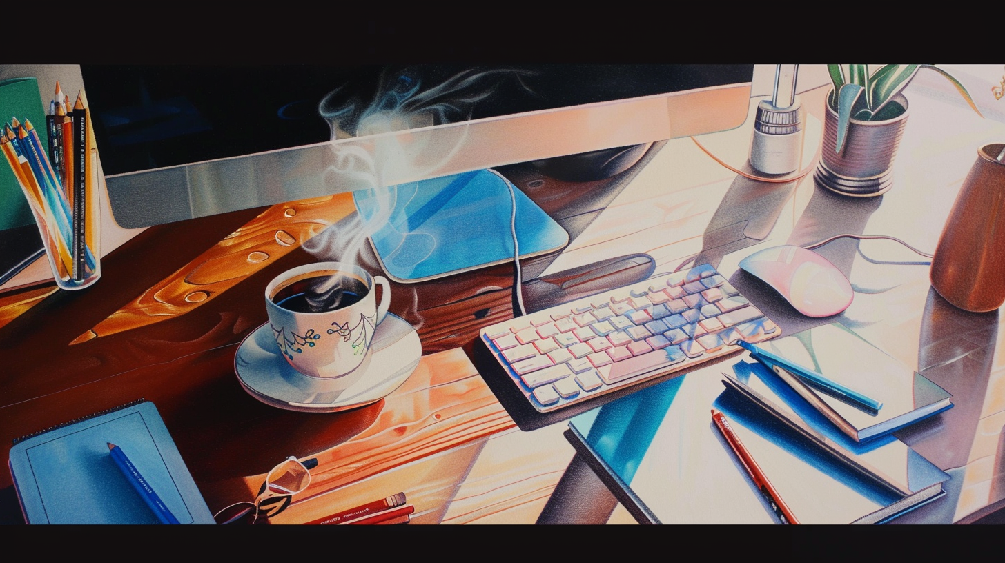 drawing of computer and coffee