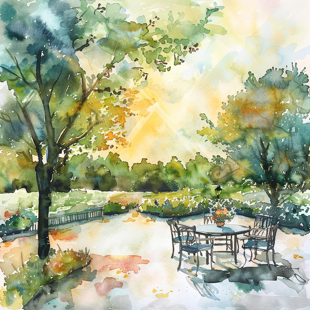Watercolor painting of a table at a park