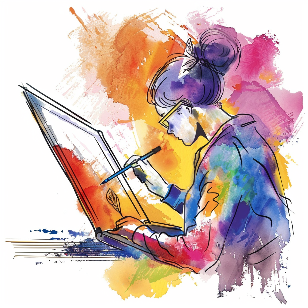watercolor painting of a woman doing art