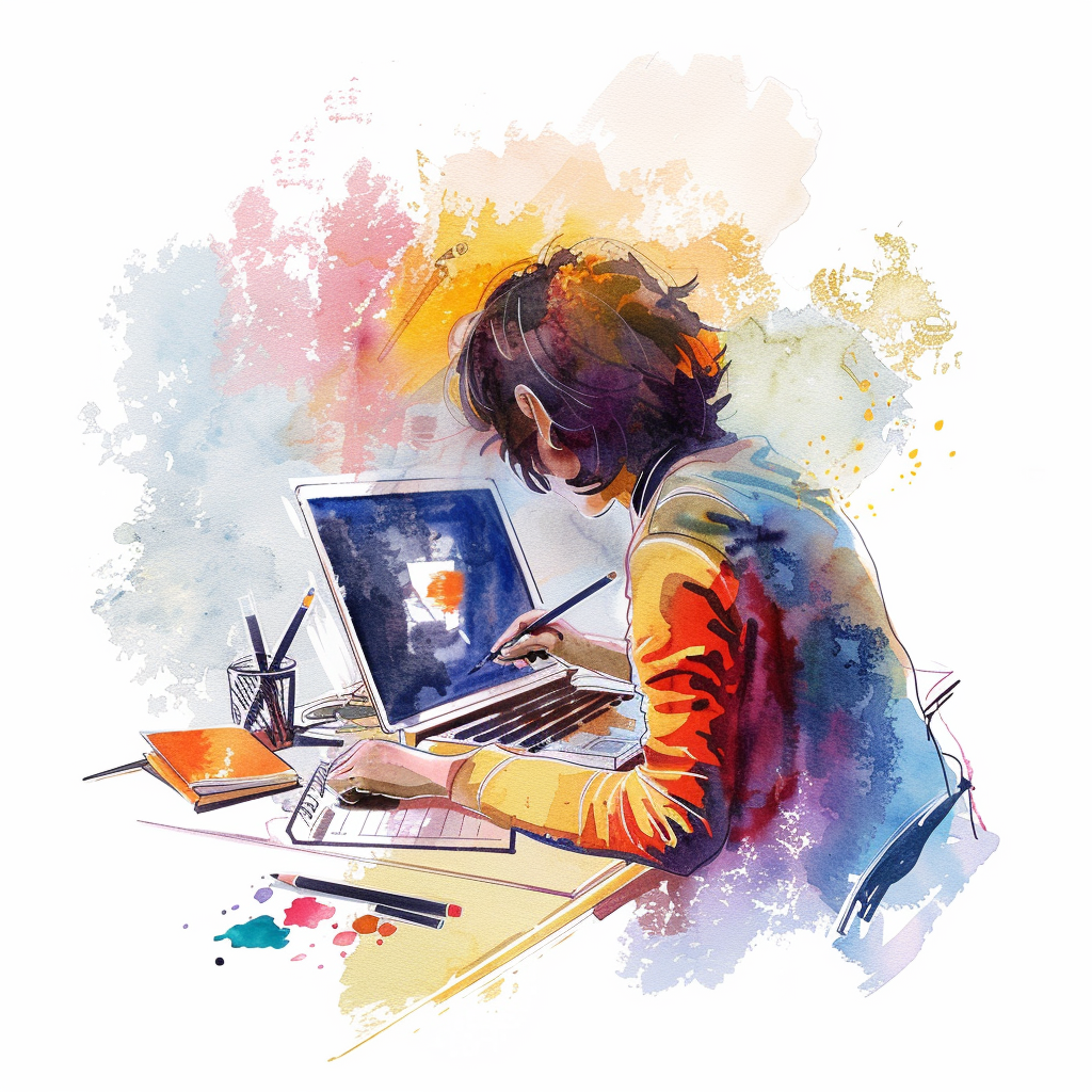 watercolor of an artist designing