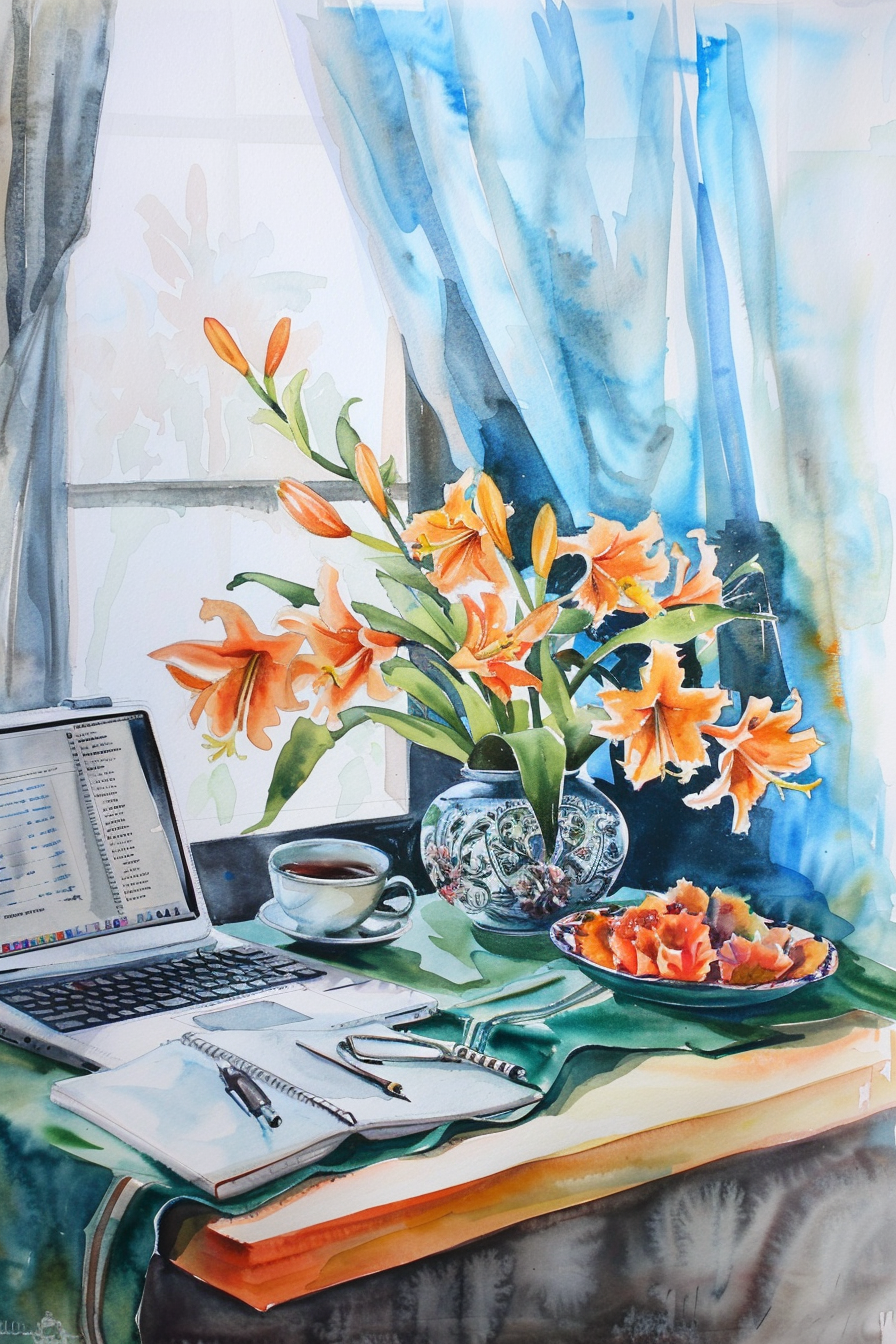 atercolor of desk with flowers
