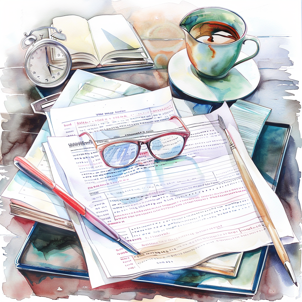watercolor of government documents and coffee